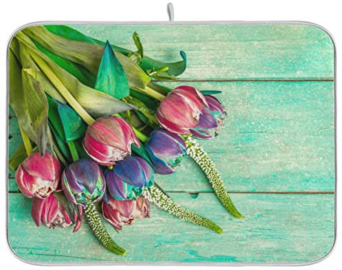 Absorbent Dish Drying Mat for Kitchen Counter - Wooden Plank Flower Microfiber Drying Pad, Reversible Drainer Mats for Countertop, Small 18 x 24 inch