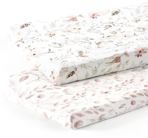 GRSSDER Stretch Ultra Soft Jersey Knit Changing Pad Cover Set 2 Pack, Change Table Pad Covers Fit 32/34 x 16 Pads Safe and Snug, Beautiful Blush Pink Floral and Cute Animals Print for Girls