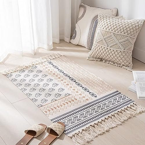 Plancholo Baumwollteppich mit handgewebten Quasten, Boho-Flickenteppich, waschbar, Badezimmerläufer für Küche, Wäsche, Tür, 60 x 90 cm