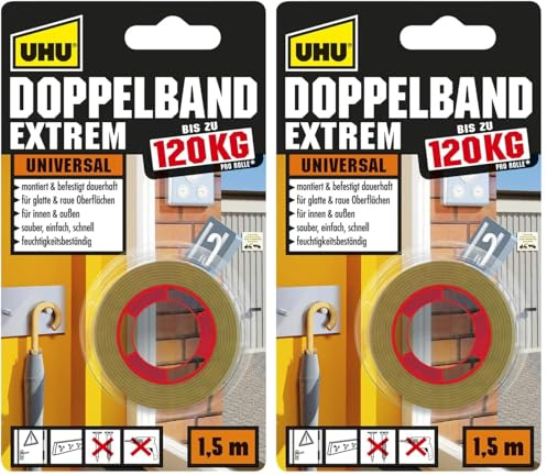 UHU Doppelband Extrem, Extrem hohe Klebekraft von 120 kg/Rolle, 1,5 m x 19 mm (Packung mit 2)