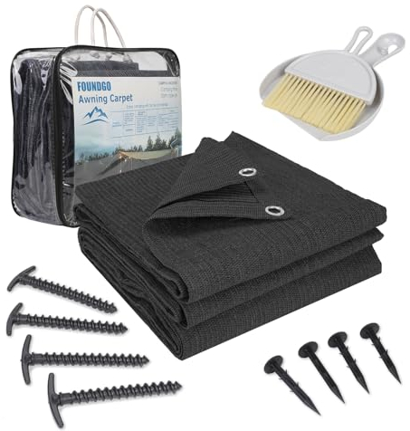 FoundGo Vorzeltteppich mit Ösen [280g/m² HDPE] Camping Teppich Outdoor Vorzeltboden inkl. Tragetasche Stahlnägel & Kleiner Besen Anthrazit 200x300cm