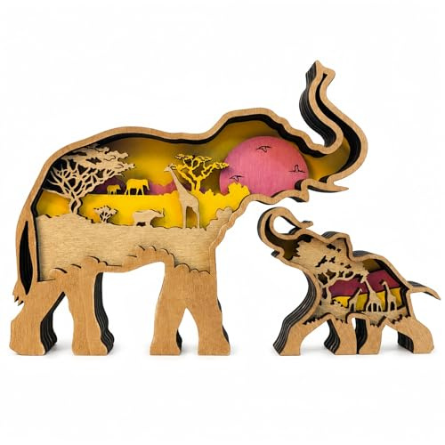 Drawelry 3D Holz Tiere Schnitzerei Skulpturen Ornament, Mehrschichtig Holz Synthese Wald Tier Gravur Regal Statuen Handwerk für Home Büro Desktop Weihnachten Neujahr Festival Dekor (Elefant)
