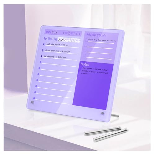 Desktop Thick Acrylic Dry Erase Board to Do Planning Board, 12 x 10, Desktop White Board with Stand, Frameless Purple Dry Erase White Board for Office/Home/School
