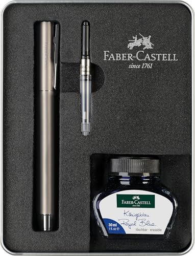 Faber-Castell 149627 - Schreibset Neo Slim Edelstahl Matt, mit Füller M, Tintenfass 30 ml und Konverter