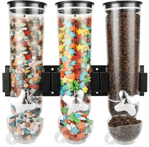JMIATRY Triple Cereal Dispenser Wall Mounted Snack Dispensers with 3 Cups Wall Candy Dispenser Wall Mounted Large Dry Food Dispensers for Pantry Snack Beans, 5L