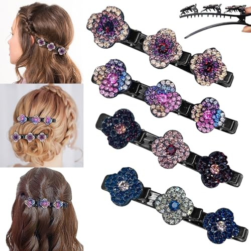 4 Stück Haarspangen Damen,Geflochtene Haarspangen Doppelschicht Haarklammer mit Glitzernde Kristall-Stein,Haarschmuck Damen Hair Accessories Haar Clips mit 3 Mini Haarspangen Haarclips Mädche Damen