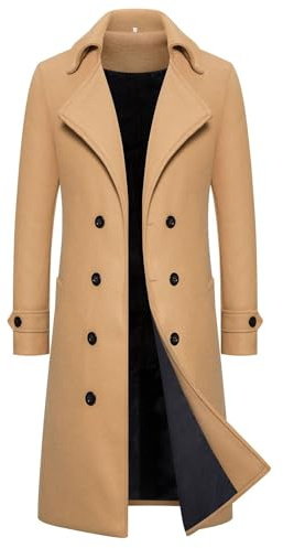 SAUTRV Herr trenchcoat lång, herr trenchcoat medellängd dubbelbröst lång ärtrock vinter varm ytterrock långa rockar tjock vinterjacka ytterkläder herr trenchcoat slim fit hack krage ytterrock, Khaki,