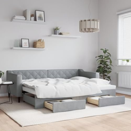 OHOOWOO Tagesbett Ausziehbar mit Schubladen Hellgrau 80x200 cm Stoff,Ausziehbares Tagesbett 2in1 mit Stauraum modernes Sofa zum ausklappbaren Doppelbett