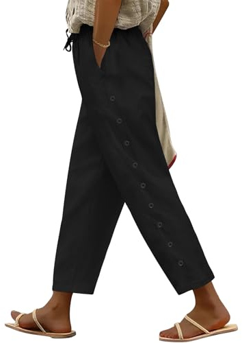 Yuson Girl Pantalones Mujer Verano de Algodón Flojo Largos Playa 7/8 Pantalones Cintura Elástica Pantalon Ligero Casual Rectos Suelto con Bolsillo Cordón(Negro, M)