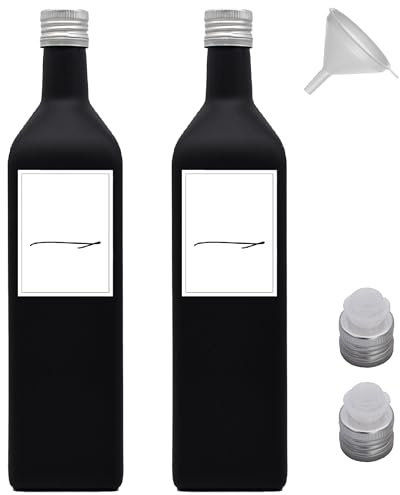 Generisch Ölflasche 1 Liter schwarz zum befüllen inkl. Deckel und Ausgießer mit wasserfesten Etiketten (Silber, 2x1 Liter)