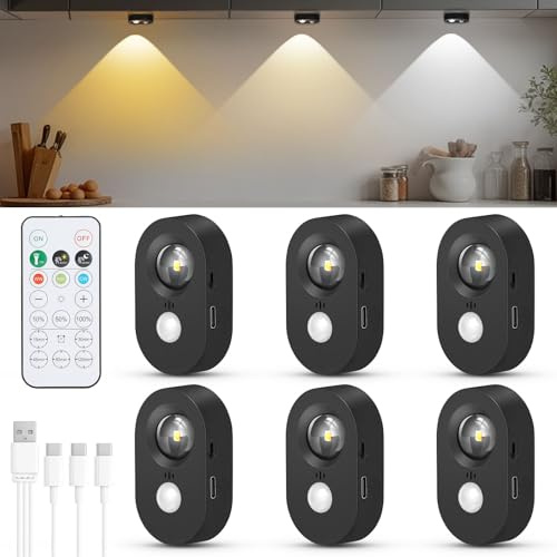 Rechargeable Puck Lights with Remote,Motion Sensor Lights 3 Color Temperatures,Wireless Dimmable Under Cabinet Kitchen Lights,Timing Function for Battery Spot Lights Stair Lights Black 6 Pack