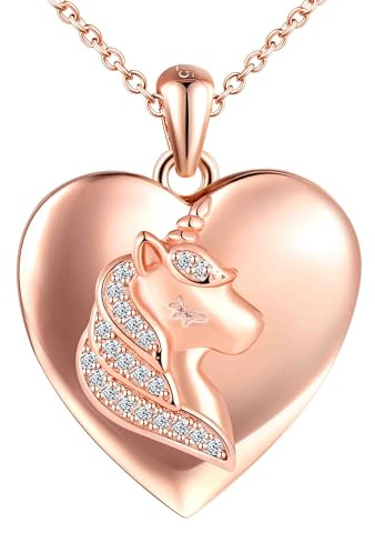 MICSAVI Einhorn kette silber 925 herz medaillon für damen mädchen kinder, Halskette für foto bilder personalisierte, Herz anhänger mit einhorn zirkonia, Kette 45+5cm