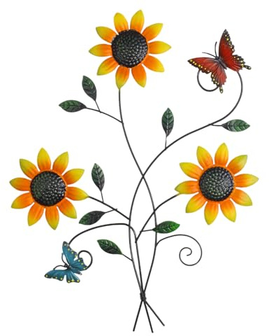 Metal Sunflower Wall Decor for Outdoors Indoors Metal Butterfly Sunflower Wall Art Flower Hanging Ornament for Garden Fence Patio Porch Balcony Living Room Farmhouse Flower Decorations 15x9 Inch