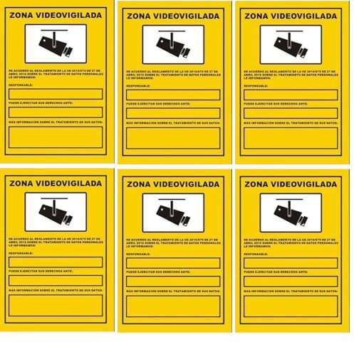 PCMOVILES – Pack de 6 Carteles “Zona Videovigilada” de PVC 20×30 cm | Señal de Advertencia Resistente | Para Vallas, Parcelas, Chalets | Uso Exterior e Interior