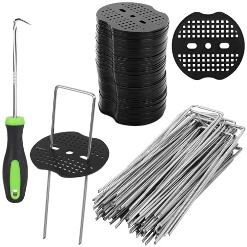 Unkrautvlies Haken 50 stück Erdanker+50 Stück Unterlegscheiben,Erdanker für Unkrautvlies mit Einem Haken,U-Förmige Erdnägel 150x40mm - Ø2,5mm für Kunstrasen,Rohrbefestigung (101, Schwarz + Silber)