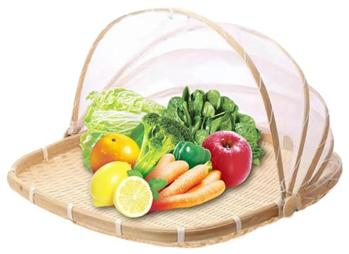 Obstkorb mit Fliegenschutz Insektenschutz Abdeckung, gewebter Bambus-Obstschale mit staubdestfestem Maschenfutter aus Deckel, Brotkörbe für Gemüse Obst Brot- Deko Korb (Brown, L)