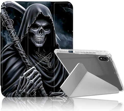 DISUOFEART for iPad A16 (11th Generation) Case, Skeleton with Scythe Slim Stylish Clear Protective Cover with Pencil Holder, Multi-Angle Folding Y-Shaped Stand & Auto Sleep/Wake Function