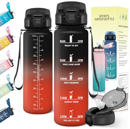 Baramumu Botella agua 1 litro, con Pajita, Botella agua Gimnasio, a Prueba de Fugas, Cantimplora, con Marcador de Tiempo, Cantimplora Gym, para Deporte, Ciclismo, Oficina, Yoga, Negro-Rojo