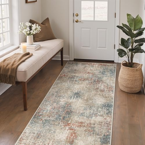 GENIMO Tappeto Moderno con Design Astratto Multicolore in Tonalità Terra, Tappeto a Pelo Corto 80x150 cm Lavabile in Lavatrice e Antiscivolo per Camera da Letto, Soggiorno, Stile Contemporaneo