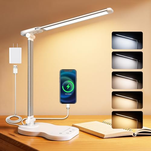 Ddlisu Desk Lamps for Home Office, Dimmable LED Desk Lamp, 5 Color Modes, 10 Brightness, Touch Desk Light with USB Charging Port for Nail Craft Puzzle Sewing Study - White