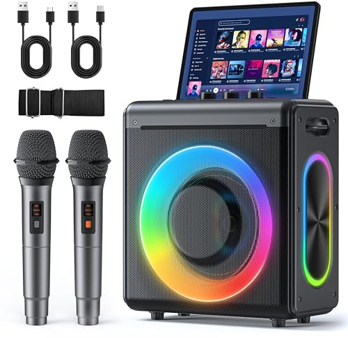 Karaoke Maschine mit 2 mikrofonen, wiederaufladbaren Mikrofonen: Tragbarer Bluetooth-Lautsprecher für Erwachsene und Kinder – PA-System mit Lichteffekten, unterstützt TWS/TF-Karte/USB/AUX