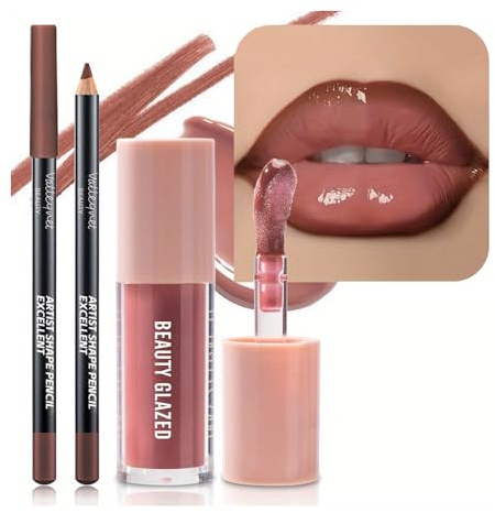 Lip Gloss and Lip Liner Set, Tinted Lip Gloss with Lip Pencil, Waterproof Long Lasting Glossy Lip Combo, Nude Lip Makeup Kit for Women (#V05+104)