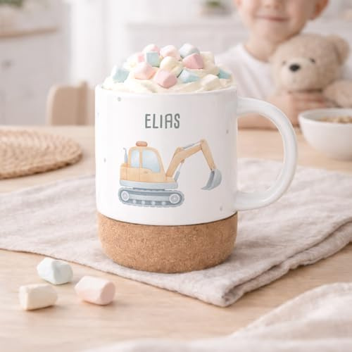 hellomini Personalisierte Tasse mit Korkboden für Kinder, Kindertasse mit Wunschdruck, Kinderbecher mit Namen, Geschenk zum Geburtstag, (Bagger)