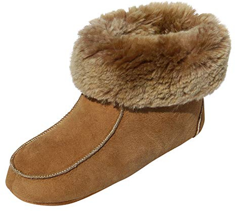 Hollert Herren & Damen Lammfell Hausschuhe Ibiza Cognac Fellschuhe 100% Merino Schaffell Echtleder Bettschuhe Schuhgröße EUR
