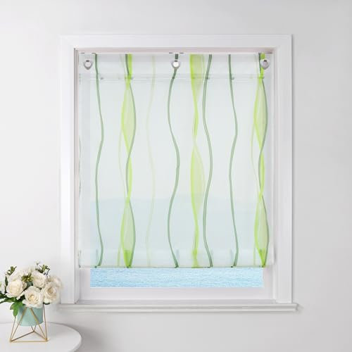 ESLIR Raffrollo mit Ösen Gardinen Küche Raffgardinen Transparent Ösenrollo Vorhänge Mit Wellen-Druck Modern Voile Grün BxH 100x140cm 1 Stück