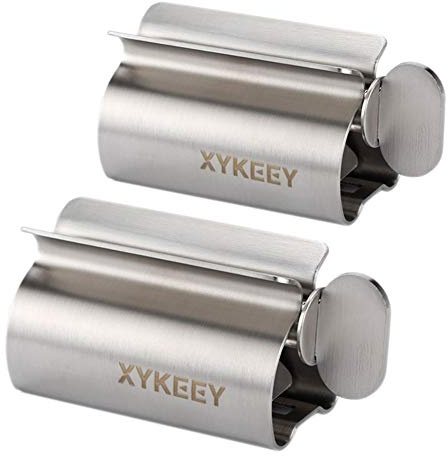 XYKEEY Set of 2 Toothpaste Squeezer Rollers, Metal Toothpaste Tube Wringer Seat Holder Stand (Stainless Steel)