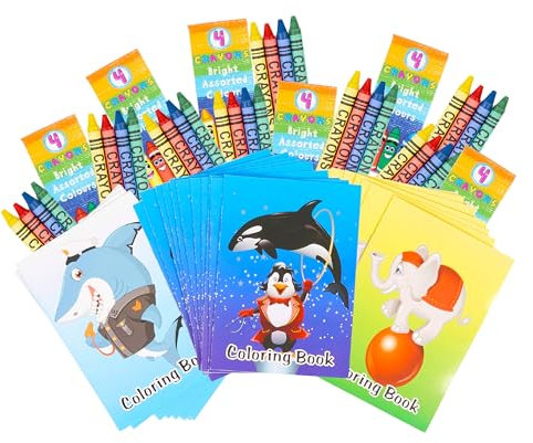 THE TWIDDLERS - 72 Mini Malbücher & 18 Schachteln mit Wachsmalstiften (4 Farben, 72 Gesamt) - Mitbringsel, Gastgeschenke, Mitgebsel für Kindergeburtstag & Hochzeiten