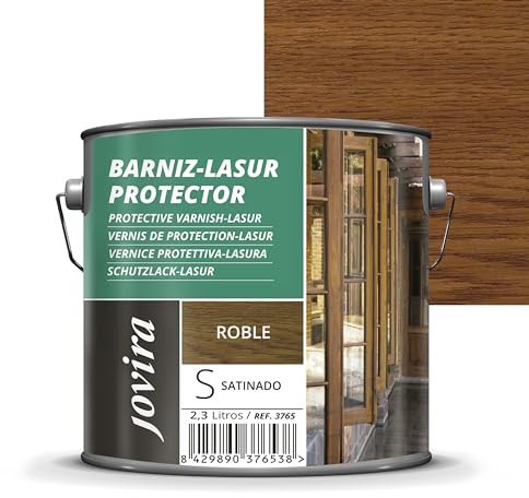 JOVIRA PINTURAS. BARNIZ LASUR PROTECTOR SATINADO (7 colores) Protege, decora y embellece todo tipo de madera (2,3 Litros, Roble) D-01A