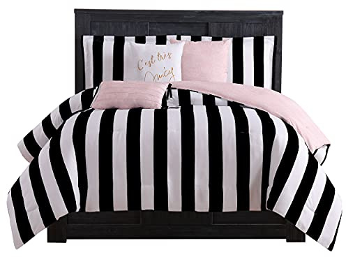 Juicy Couture Cabana Stripe Reversible Bedding Set - Queen Size - Black and White Stripe Print – 6 Piece Set – Includes 1 90 x 90 Comforter, 3 Decorative Pillows, 2 Shams