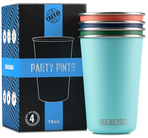 Real Deal Steel Party Pints: 16 oz Pint Cups, Stackable Tumblers, Eco Friendly Premium Metal Drinking Glasses
