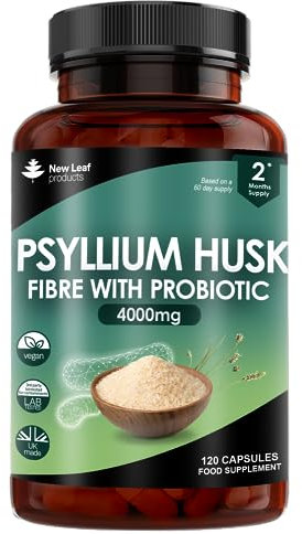 Fibre Supplement 4000mg Psyllium Husk with Acidophilus - High Strength - Natural Soluble Fiber Supplement from Plantago Ovata Seeds, 120 Psyllium Husks Capsules Vegan, Made in UK by New Leaf
