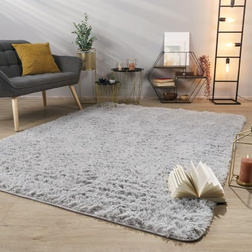 TT Home Teppich Wohnzimmer Hochflor Langflor Weich Soft Modernes Einfarbiges Design, Farbe: Grau Silber, Größe:60x100 cm
