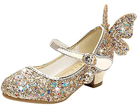 RMBLYfeiye Kinder Mädchen Schmetterling Schuhe mit Absatz High Heel Kristall Schuhe Partei Glitzer Pailletten Prinzessin Sandalen Festliche Schuhe Karneval Fasching Kostüm Zubehör