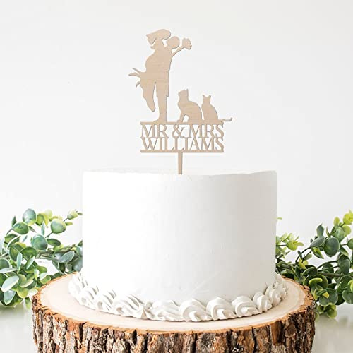 Rustic Wedding Bride And Broom with Cat And Dog Cake Topper, Custom Cake Topper, Country Chic Wedding Cake Topper, Anniversary Engagement Bridal Shower Party Decoration, 6 Inch