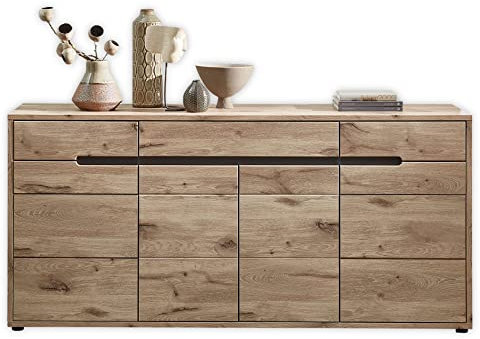 Stella Trading BELLANO Sideboard in Viking Eiche Optik, Graphit - Moderne Kommode mit Schubladen und viel Stauraum - 185 x 87 x 44 cm (B/H/T)