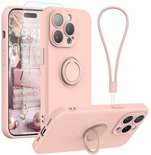 pcgaga Silicone Phone Case for iPhone 14 Pro Max with Screen Protector [Ring Holder Stand] [Wrist Strap] [Microfiber Lining] Slim Shockproof Protective Cover, 6.7 Inch, Pink