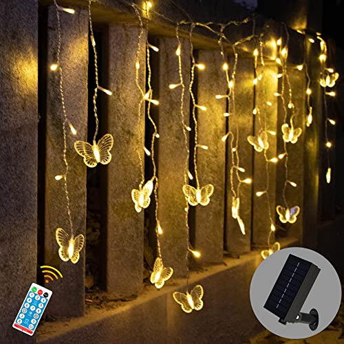 Solar Powered Butterfly Curtain Lights 4m LED Fairy Lights with Remote, USB Rechargable Waterproof Solar Lights Outdoor Garden Butterfly Ornaments for Patio Yard Gazebo Decoration (Warm White)