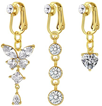 D.Bella Faux piercing de nombril à clipser en acier chirurgical - Faux piercing de nombril - Faux boucles d'oreilles en forme de cœur avec diamant papillon - Bijoux de piercing de nombril - Or et