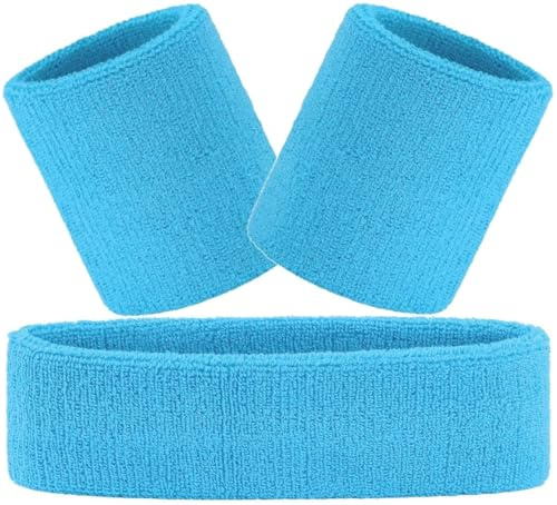 Hatstar 3-teiliges Schweißband Set | 1x Stirnband + 2X Schweißbänder für Handgelenke | Stirnband Damen & Herren | Accessoire für Karneval & Fasching Aerobic Kostüm