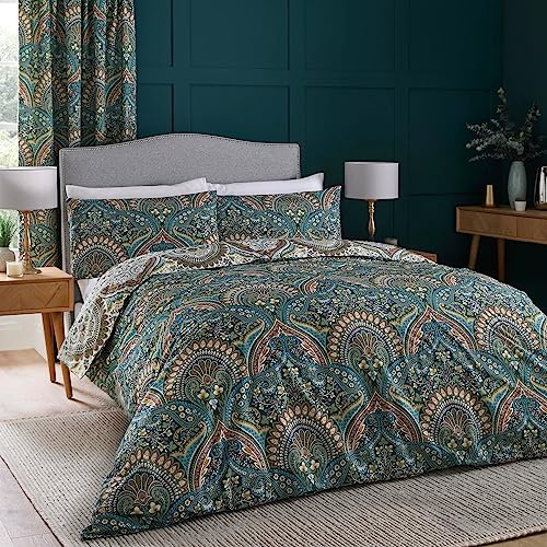 Dreams & Drapes - Housse de Couette jacobéenne Bleu Sarcelle - 260 x 220 cm - 2 taies d'oreiller - Motifs réversibles - Literie bohème Marocaine Bleue - Parure de lit persane Exotique - Lit bohème