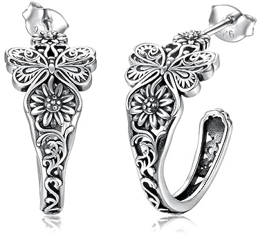 925 Sterling Silver Hoop Earrings Womens Poker Strawberry Butterfly Bee Daisy Lemon Fruits Small Hoops Jewelry Gifts for Women (Butterfly Spoon Ring)