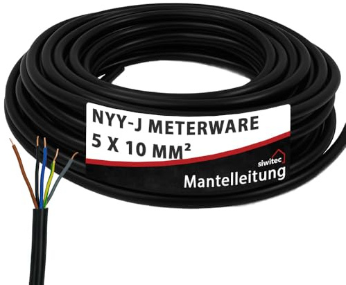 siwitec Erdkabel NYY-J 5x10 mm², Starkstromkabel PVC Erdleitung in schwarz, exakt zugeschnittene Meterware in Profi-Qualität, Länge (aktuelle Auswahl) = 100 Meter