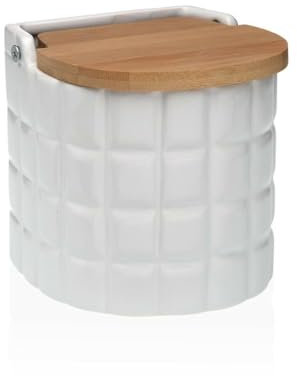 Versa Salero con Tapa Cuadros Blanco Cerámica Bambú Dolomita 11 x 11 x 11 cm S3412175 - EAN: 8420327541536