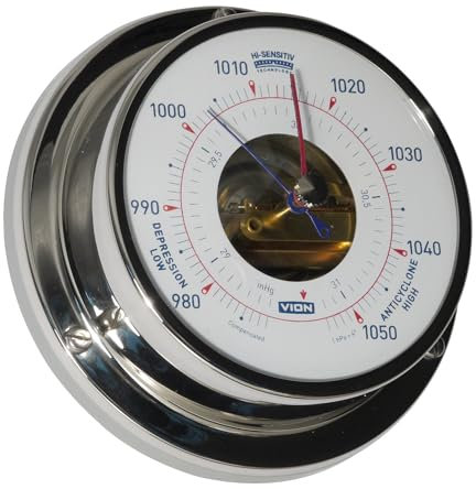 DELITE Barometer Vion Edelstahl poliert, weisses Zifferblatt, Durchmesser 97 mm, Tiefe 32 mm, 3 Jahre garantie, hergestellt in Dänemark