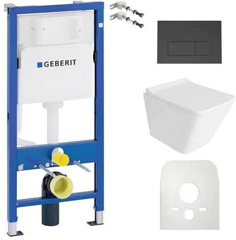 Lavita Duofix Basic Vorwandelement + Wand Tiefspül WC Lago Grau Spülrandlos + WC Sitz mit Absenkautomatik + Bedienplatte Delta 25 Schwarzer Knopf Komplettset Unterputz Spülkasten Toilette WC