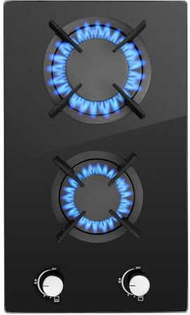 SNDOAS 2 Burners Gas Hob, Black Glass Gas Hob Flame Failure Protection, NG/LPG Convertible, Cast Iron Pan Support, 30cm, 2400 W/1800 W